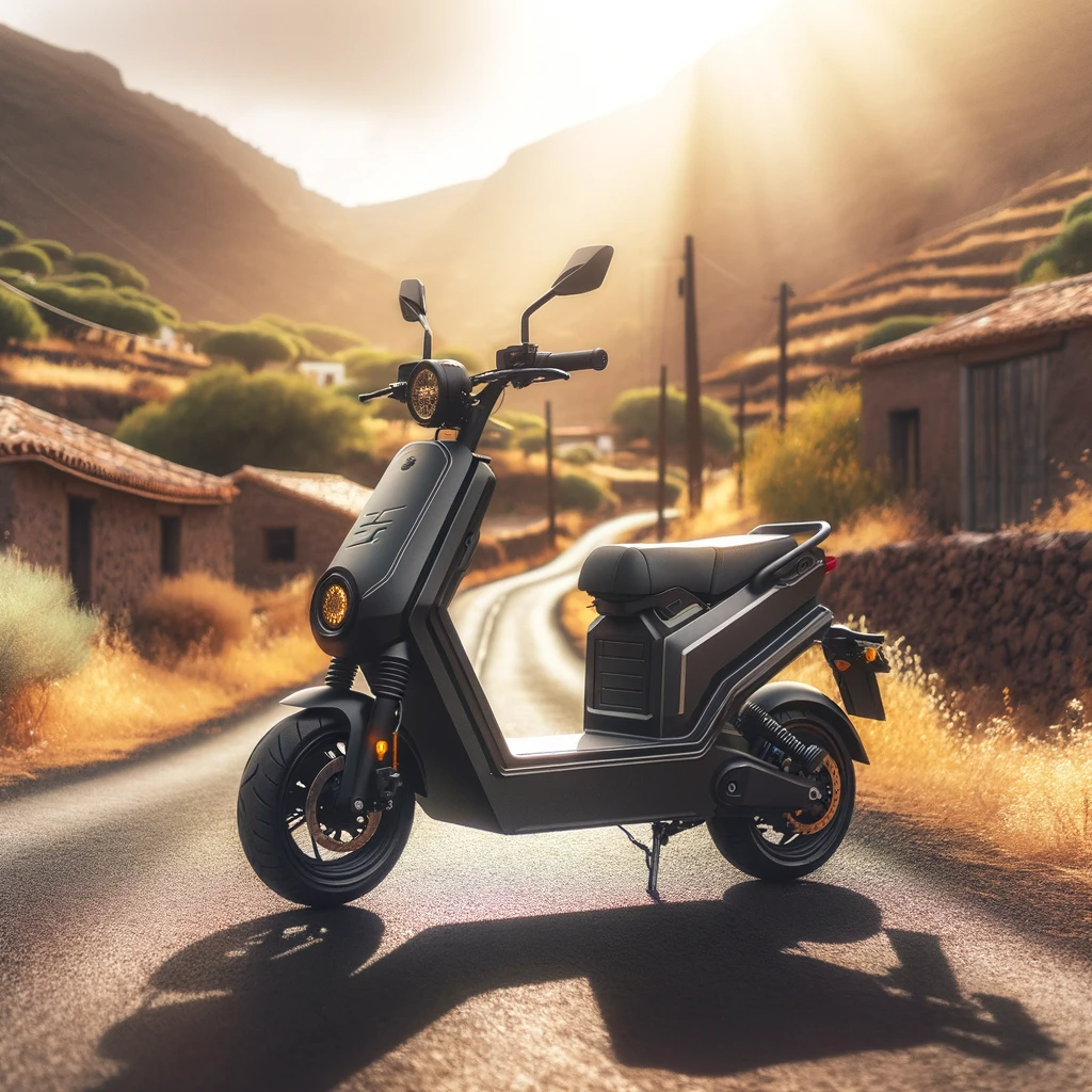 Scooter eléctrica todo terreno de menos de 125 cc en un camino rural, mostrando su versatilidad y diseño sostenible
