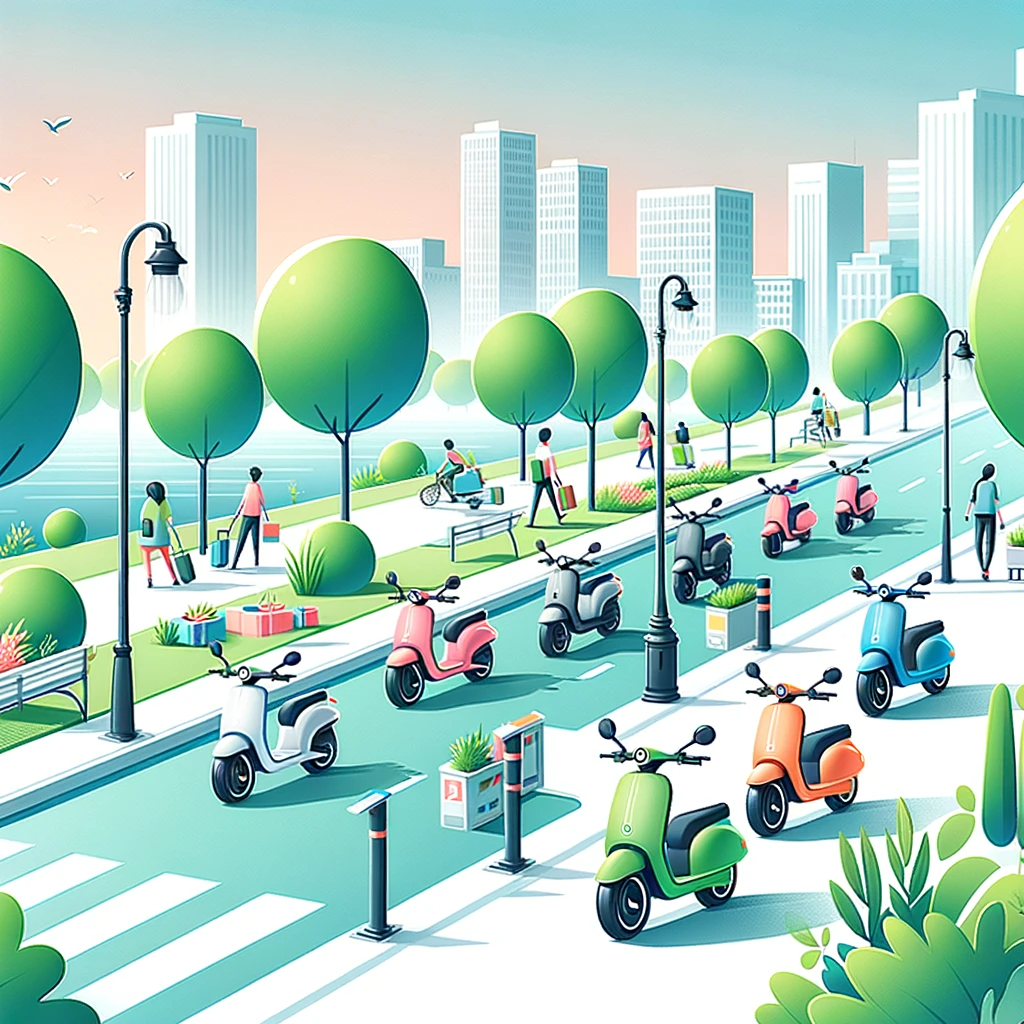 Una ciudad moderna y sostenible, con calles limpias y varios individuos utilizando motos scooters eléctricas. Se ven árboles y áreas verdes, simbolizando un compromiso con el medio ambiente. Las motos tienen un diseño elegante y muestran una variedad de colores, enfatizando la diversidad y accesibilidad de estas opciones de transporte