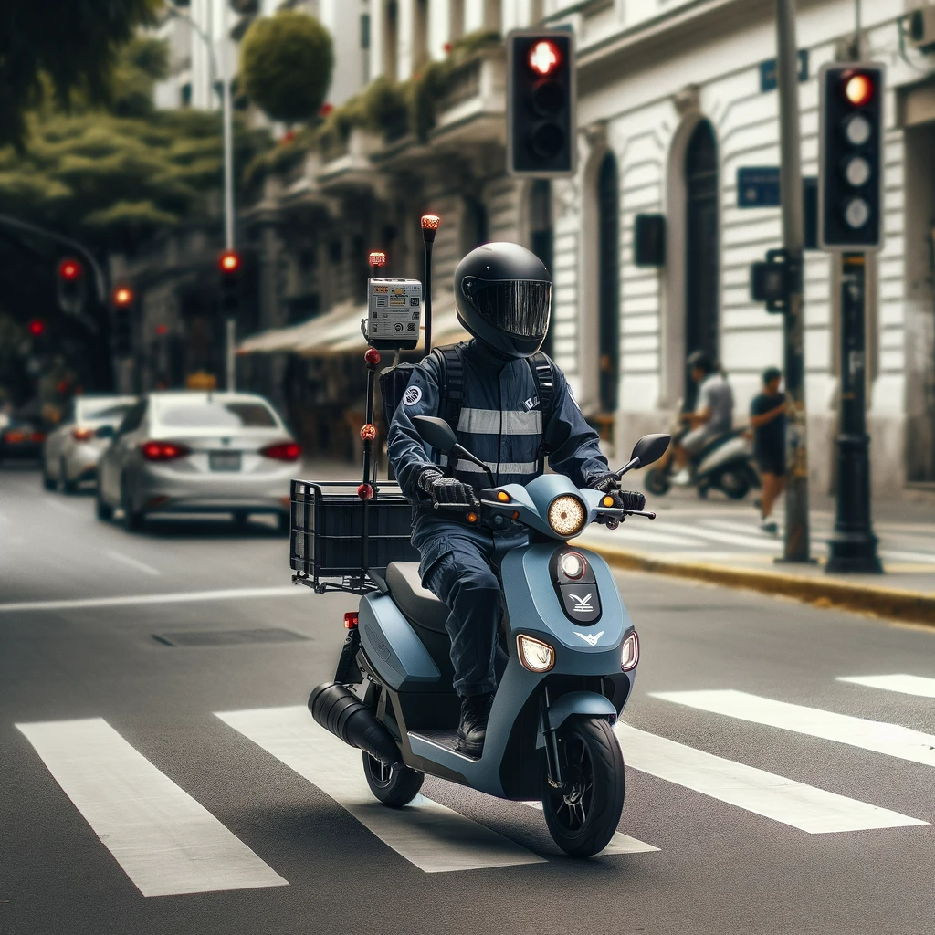 conductor de scooter eléctrica equipado adecuadamente para una conducción segura y responsable en un entorno urbano. Esta imagen refuerza visualmente la importancia de seguir las pautas de seguridad y normativas para disfrutar de una experiencia libre de riesgos en las calles de la ciudad